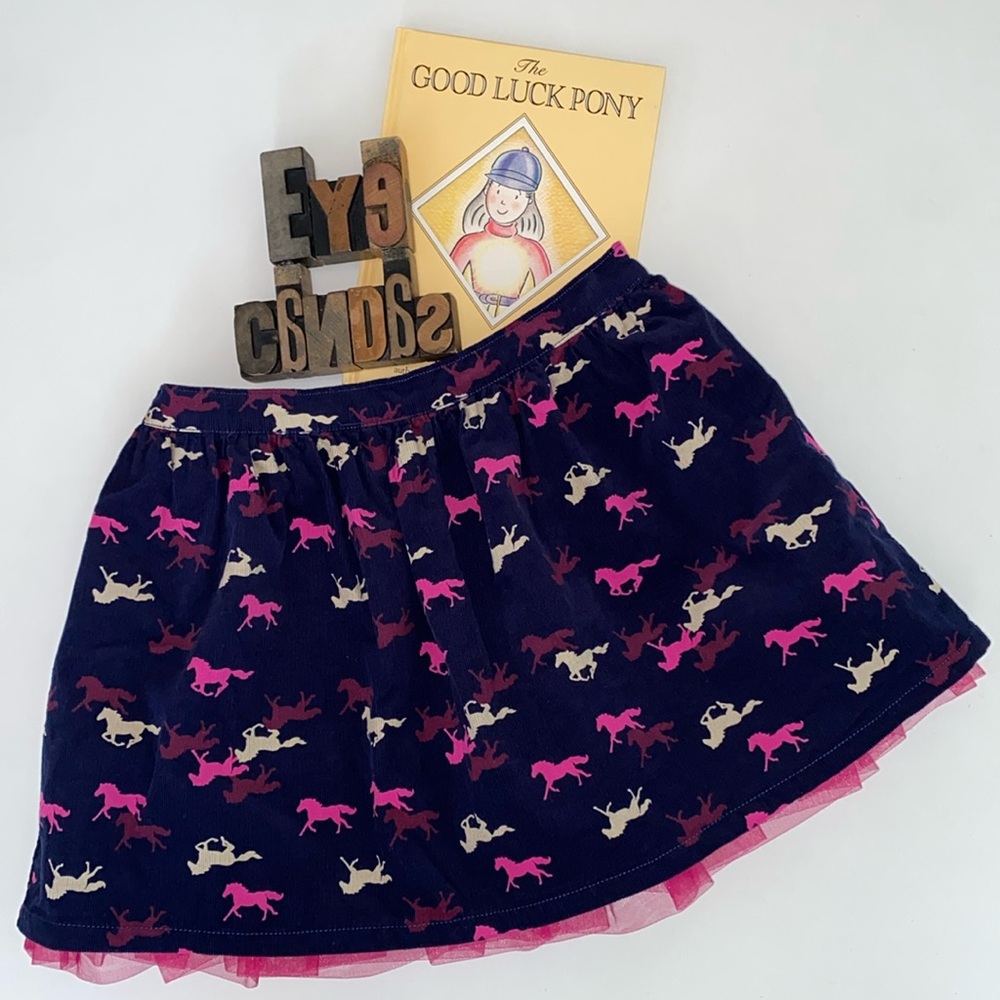 GYMBOREE Girl’s Navy Corduroy with Tulle Equestrian Print Skirt